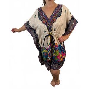 NWT Boho Style Cream & Floral Caftan Swim Beach Cover up Tunic Dress L XL XXL OS
